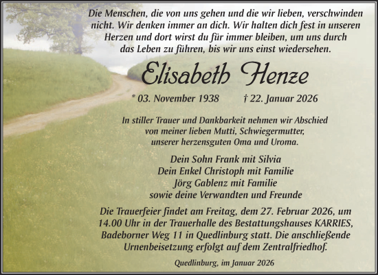 Traueranzeige von Elisabeth Henze von Trauerkombi Quedlinburg