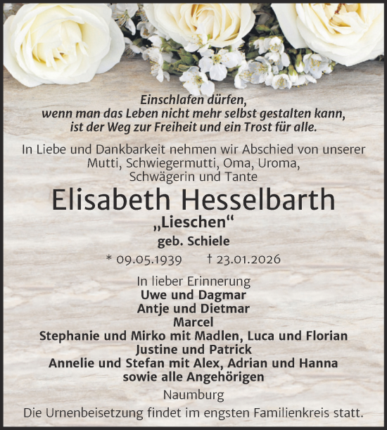 Traueranzeige von Elisabeth Hesselbarth von Super Sonntag Naumburg/Nebra