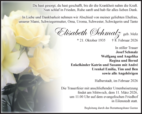 Traueranzeige von Elisabeth Schmalz von Volksstimme Halberstadt