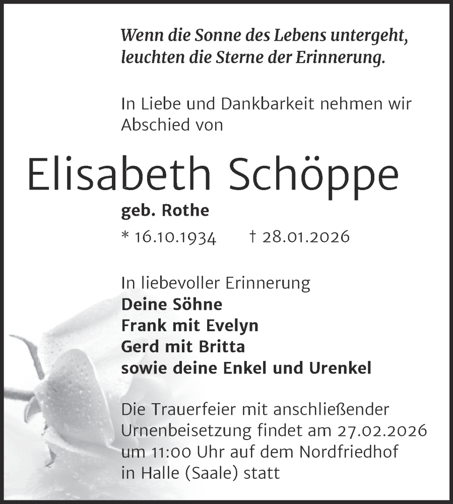  Traueranzeige für Elisabeth Schöppe vom 14.02.2026 aus Mitteldeutsche Zeitung Halle/Saalkreis