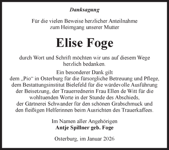 Traueranzeige von Elise Foge von Volksstimme Altmark Ost