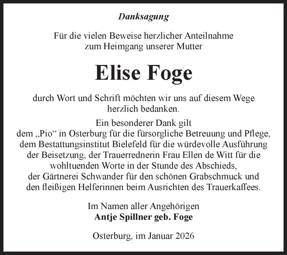  Traueranzeige für Elise Foge vom 07.02.2026 aus Volksstimme Altmark Ost