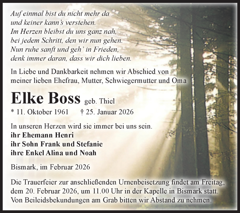  Traueranzeige für Elke Boss vom 07.02.2026 aus Volksstimme Altmark Ost