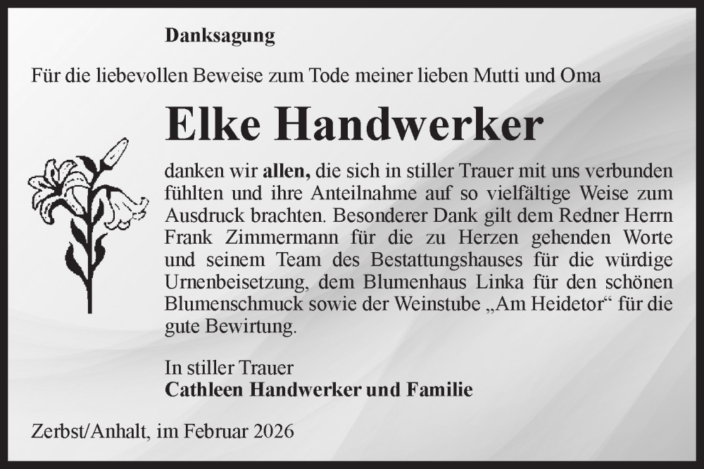  Traueranzeige für Elke Handwerker vom 14.02.2026 aus Volksstimme Zerbst