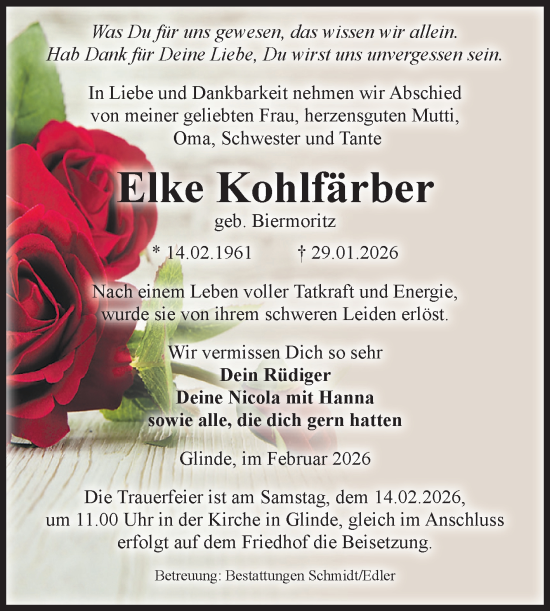 Traueranzeige von Elke Kohlfärber von Volksstimme Schönebeck
