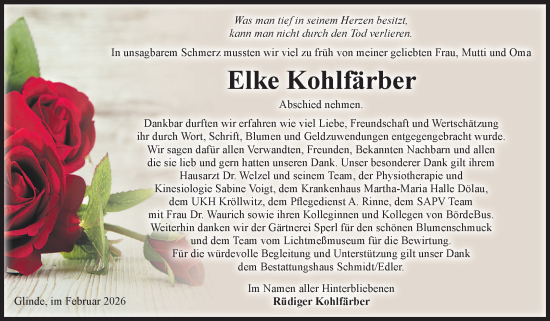 Traueranzeige von Elke Kohlfärber von Volksstimme Schönebeck