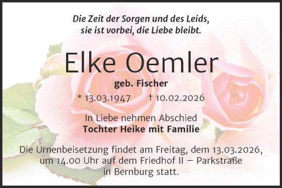 Traueranzeige von Elke Oemler von Trauerkombi Bernburg