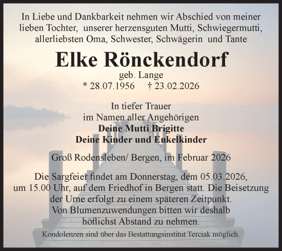 Traueranzeige von Elke Rönckendorf von Volksstimme Oschersleben/Wanzleben