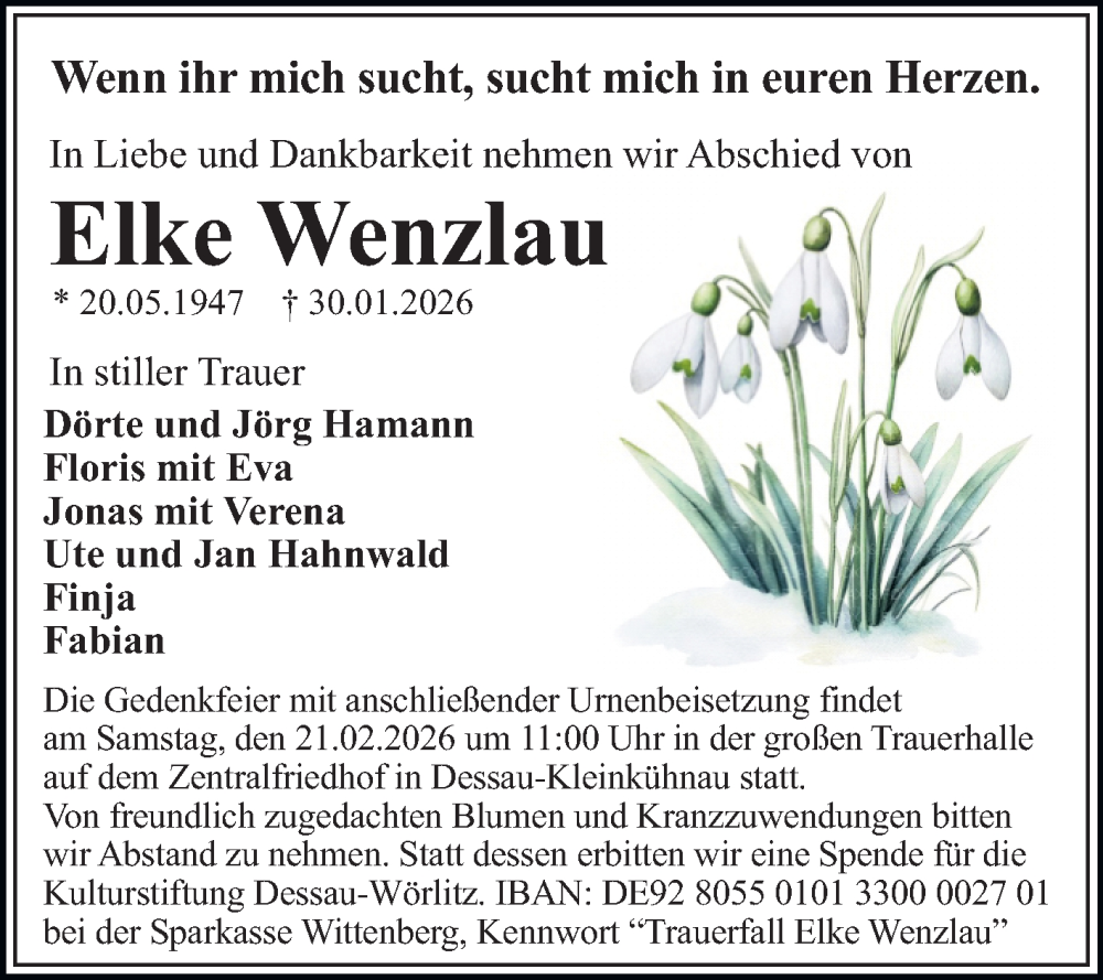  Traueranzeige für Elke Wenzlau vom 07.02.2026 aus Trauerkombi Dessau