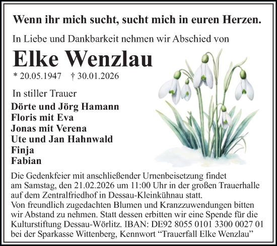 Traueranzeige von Elke Wenzlau von Trauerkombi Dessau