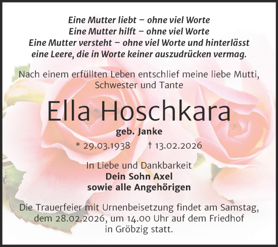 Traueranzeige von Ella Hoschkara von Trauerkombi Köthen