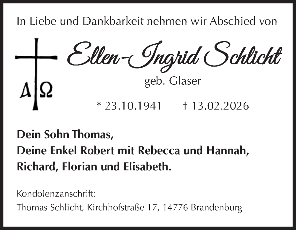  Traueranzeige für Ellen-Ingrid Schlicht vom 28.02.2026 aus Volksstimme Burg/Genthin