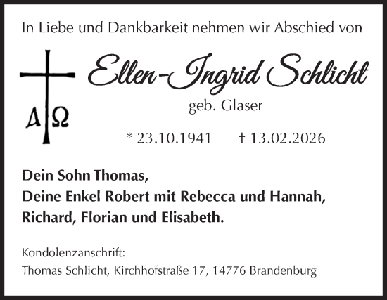 Traueranzeige von Ellen-Ingrid Schlicht von Volksstimme Burg/Genthin