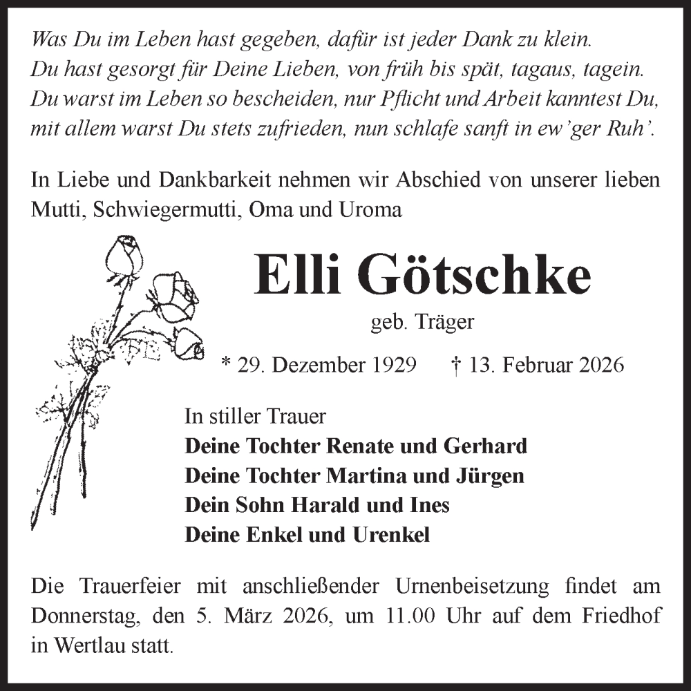  Traueranzeige für Elli Götschke vom 21.02.2026 aus Volksstimme Zerbst