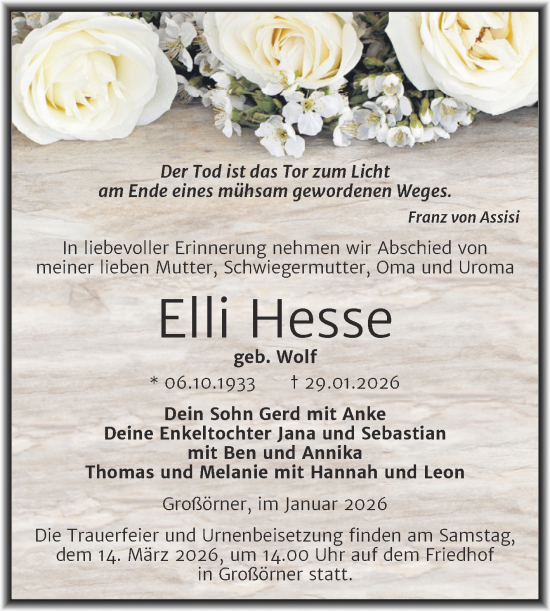 Traueranzeige von Elli Hesse von Trauerkombi Mansfelder Land