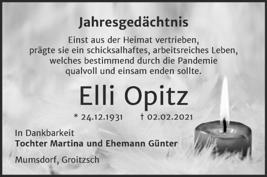 Traueranzeige von Elli Opitz von Trauerkombi Zeitz