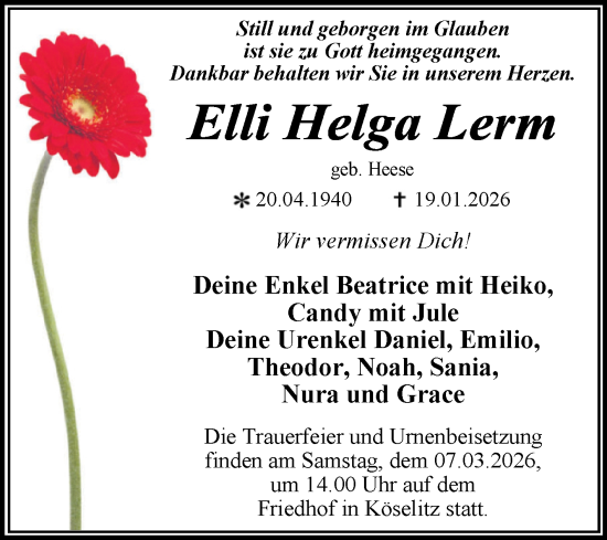 Traueranzeige von Elli Helga Lerm von Trauerkombi Wittenberg