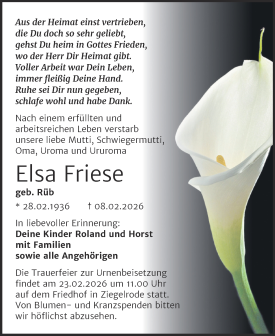 Traueranzeige von Elsa Friese von Trauerkombi Mansfelder Land