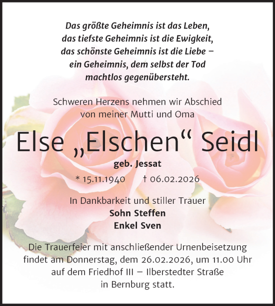 Traueranzeige von Else Seidl von Trauerkombi Bernburg