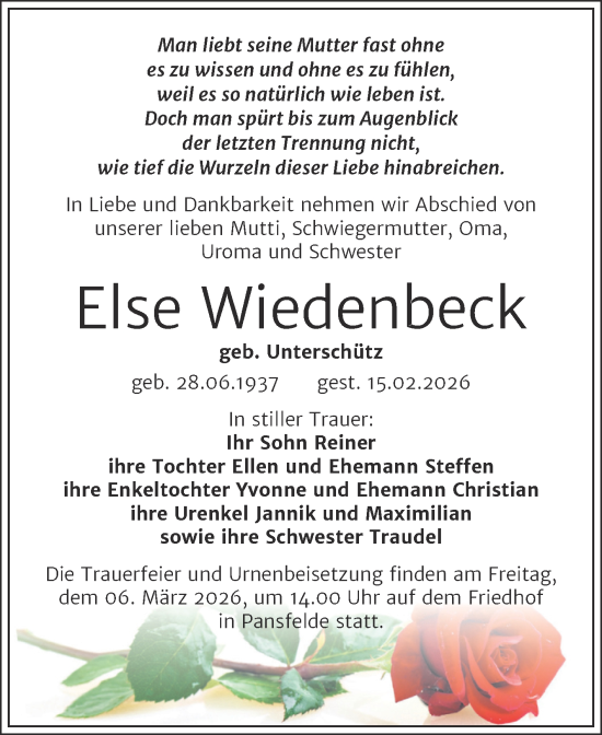 Traueranzeige von Else Wiedenbeck von Trauerkombi Quedlinburg