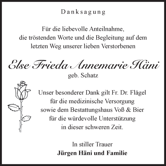 Traueranzeige von Else Frieda Annemarie Häni von Volksstimme Wernigerode