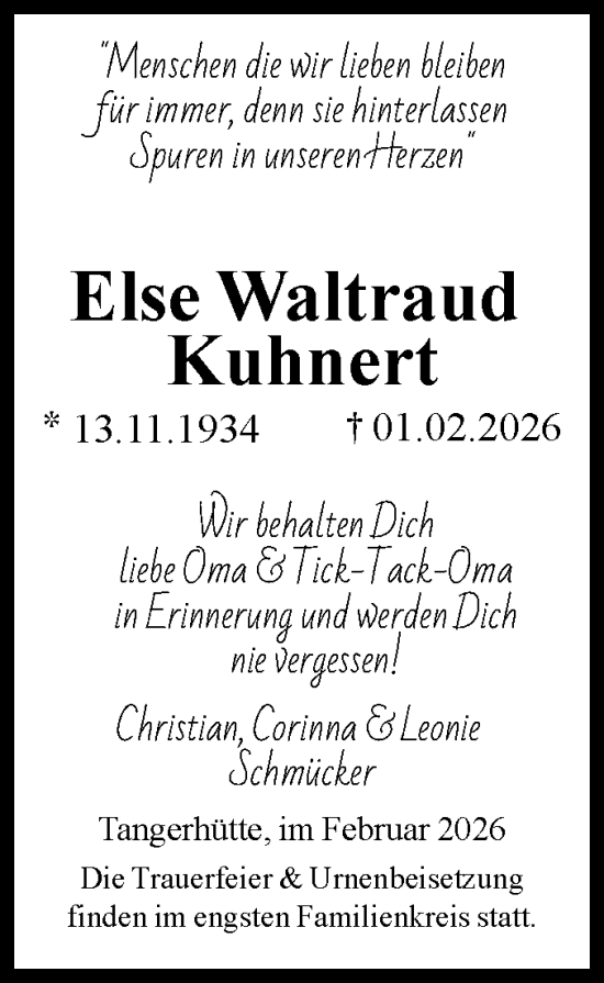 Traueranzeige von Else Waltraud Kuhnert von Volksstimme Altmark Ost