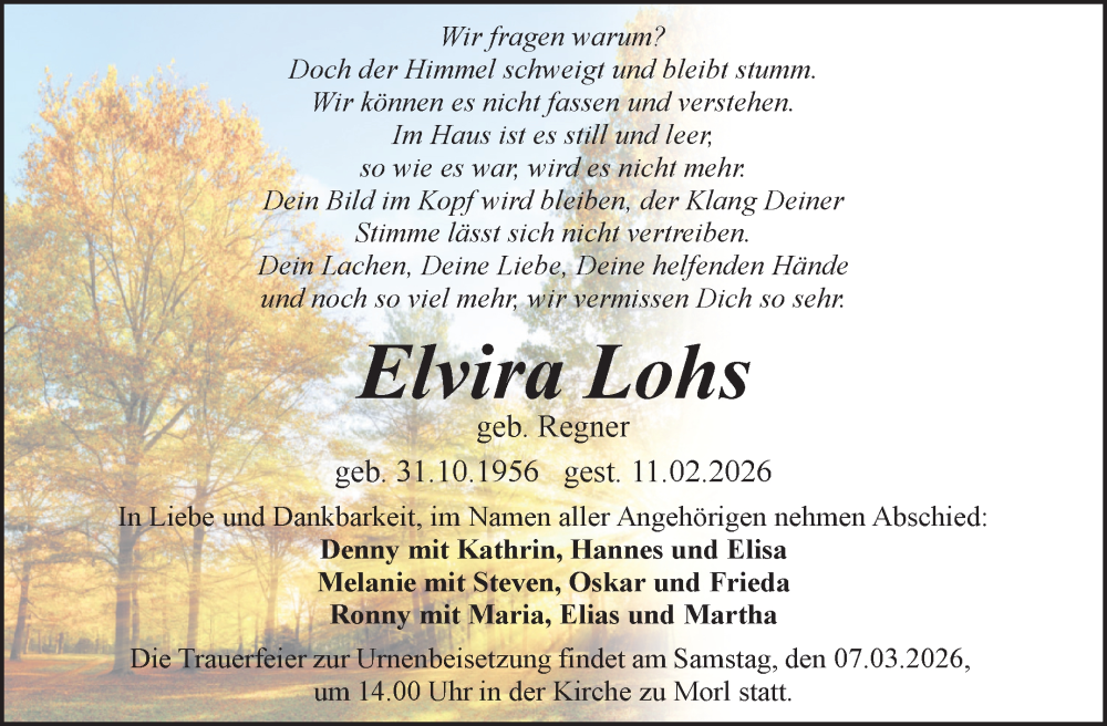  Traueranzeige für Elvira Lohs vom 14.02.2026 aus Mitteldeutsche Zeitung Halle/Saalkreis