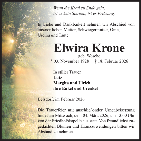 Traueranzeige von Elwira Krone von Volksstimme Haldensleben/Wolmirstedt