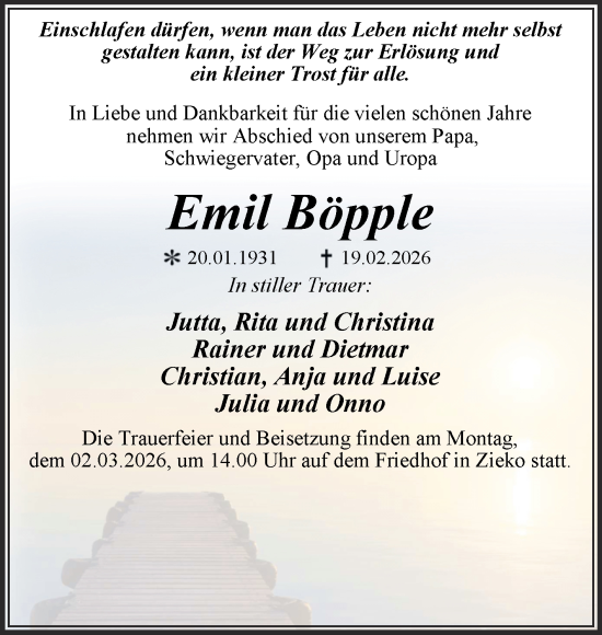 Traueranzeige von Emil Böpple 
