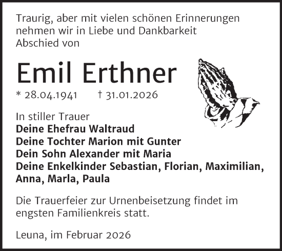 Traueranzeige von Emil Erthner von Trauerkombi Merseburg