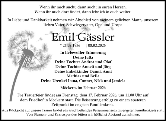 Traueranzeige von Emil Gässler von Volksstimme Burg/Genthin