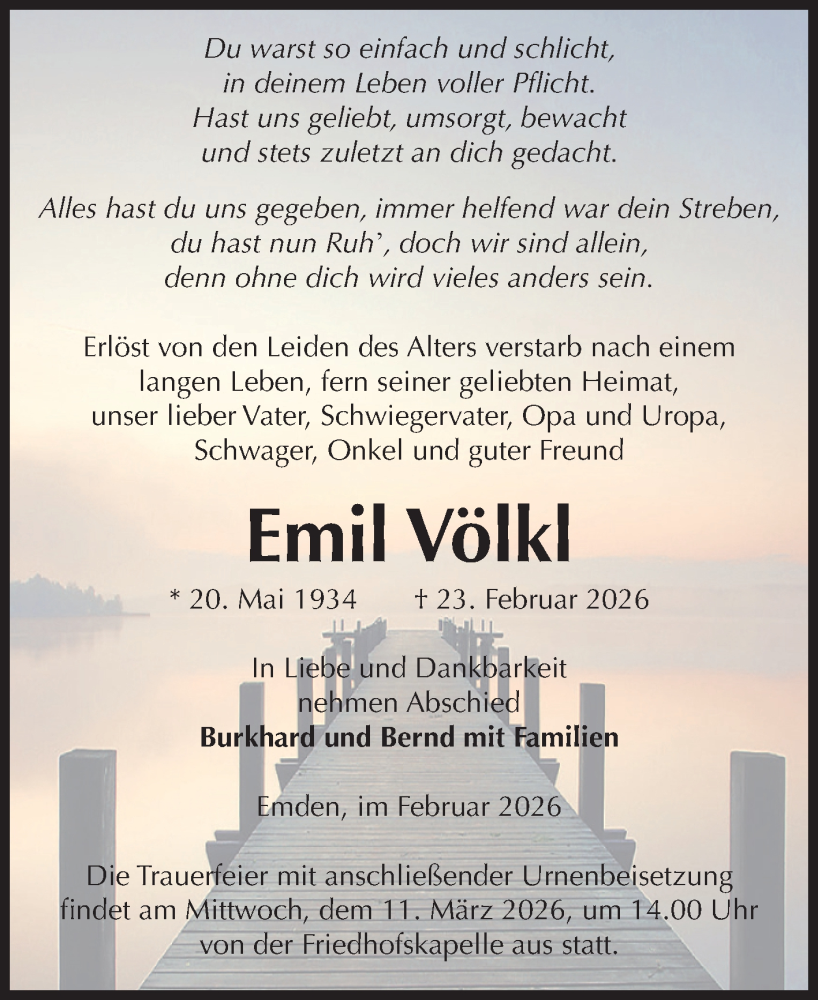  Traueranzeige für Emil Völkl vom 28.02.2026 aus Volksstimme Haldensleben/Wolmirstedt