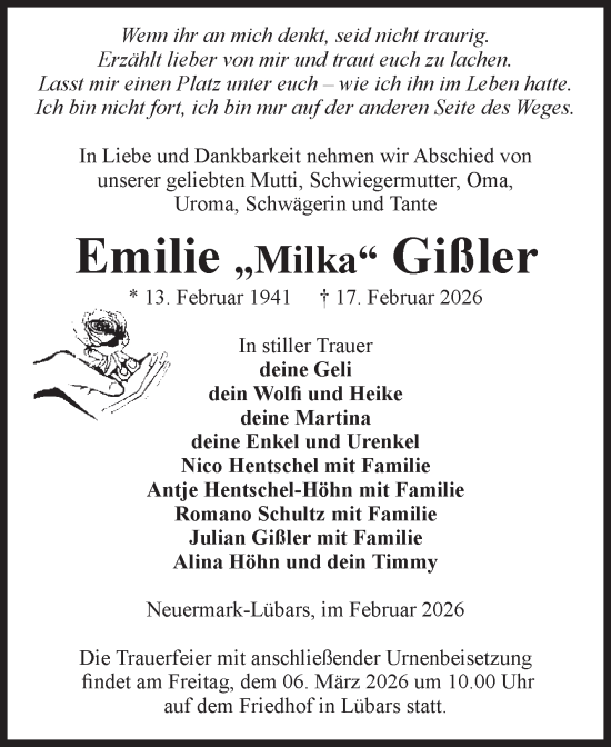 Traueranzeige von Emilie Gißler von Volksstimme Altmark Ost