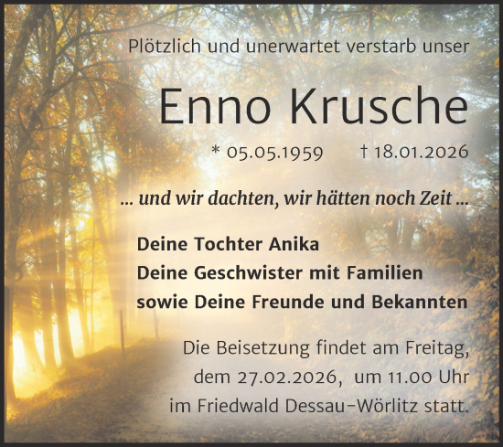 Traueranzeige von Enno Krusche von Trauerkombi Bitterfeld