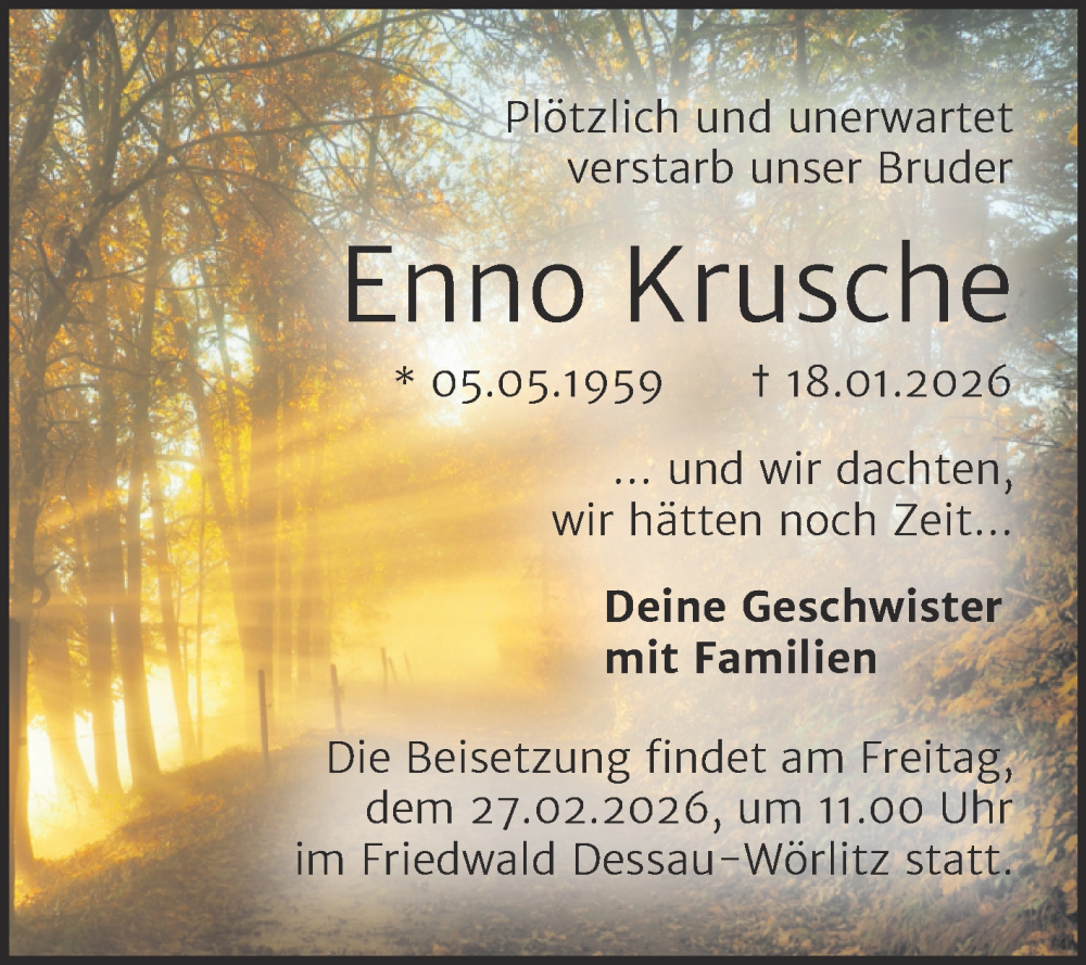  Traueranzeige für Enno Krusche vom 14.02.2026 aus Trauerkombi Dessau