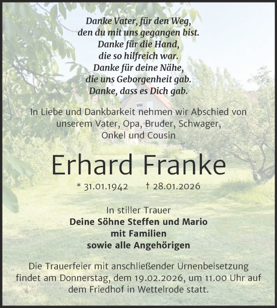 Traueranzeige von Erhard Franke von Trauerkombi Sangerhausen