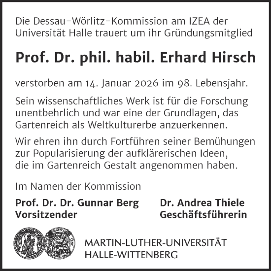Traueranzeige von Erhard Hirsch von Mitteldeutsche Zeitung Halle/Saalkreis