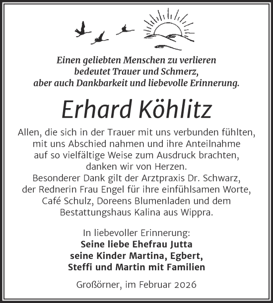 Traueranzeige von Erhard Köhlitz von Trauerkombi Mansfelder Land