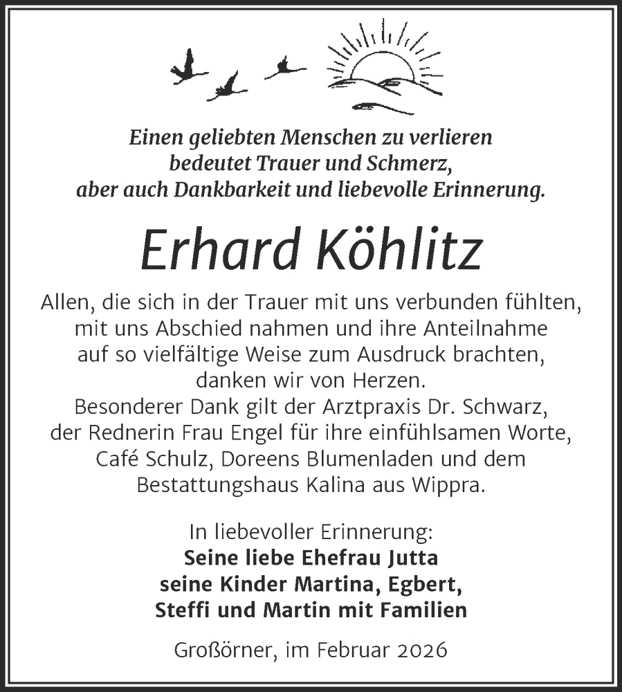  Traueranzeige für Erhard Köhlitz vom 14.02.2026 aus Trauerkombi Mansfelder Land