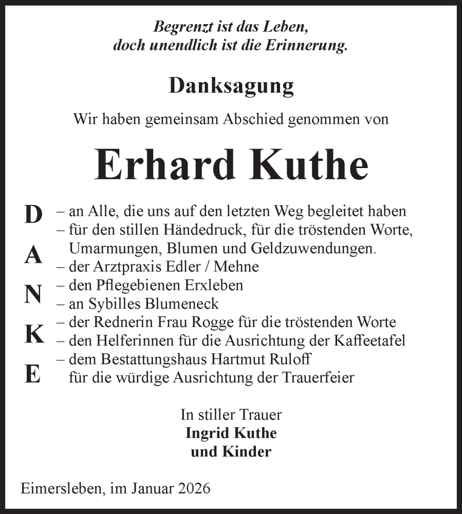  Traueranzeige für Erhard Kuthe vom 07.02.2026 aus Volksstimme Haldensleben/Wolmirstedt