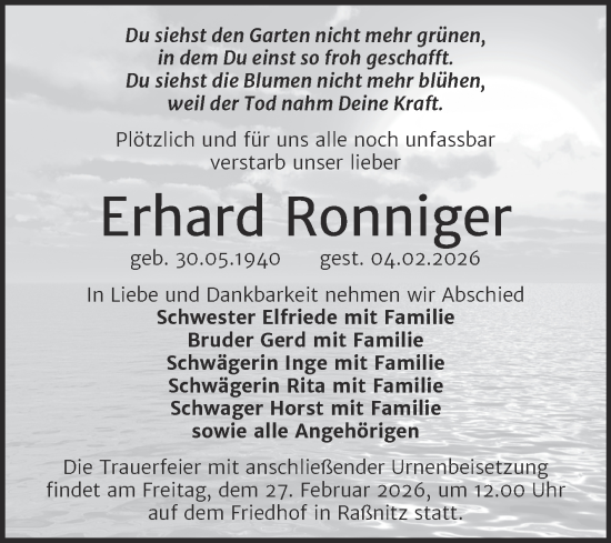 Traueranzeige von Erhard Ronniger von Trauerkombi Merseburg