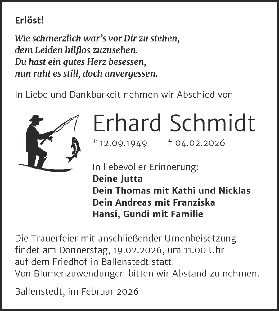  Traueranzeige für Erhard Schmidt vom 14.02.2026 aus Trauerkombi Quedlinburg