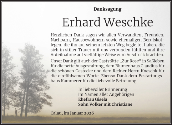 Traueranzeige von Erhard Weschke von Volksstimme Magdeburg