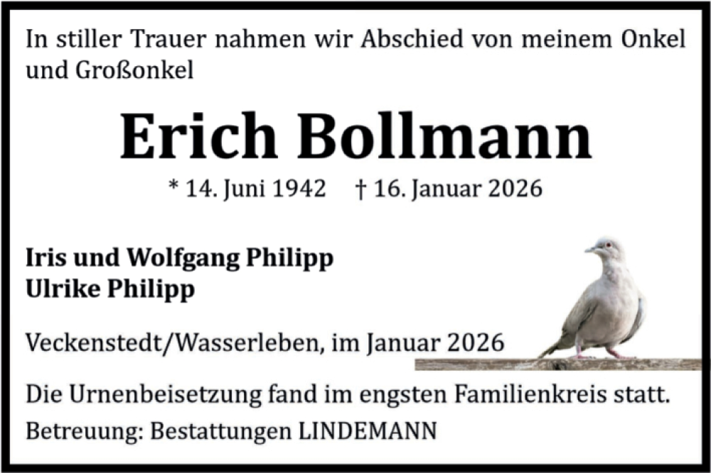  Traueranzeige für Erich Bollmann vom 07.02.2026 aus Volksstimme Wernigerode