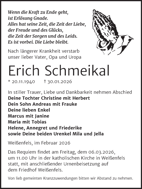 Traueranzeige von Erich Schmeikal von Trauerkombi Weißenfels
