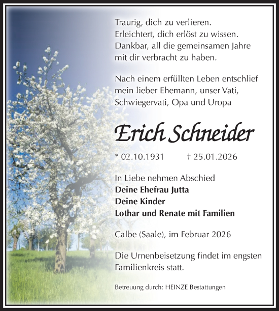 Traueranzeige von Erich Schneider von Volksstimme Schönebeck