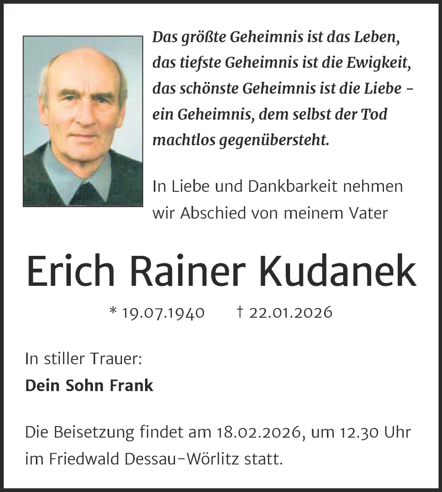  Traueranzeige für Erich Rainer Kudanek vom 07.02.2026 aus Trauerkombi Wittenberg