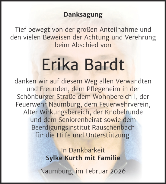 Traueranzeige von Erika Bardt von Super Sonntag Naumburg/Nebra