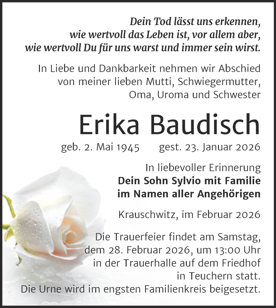  Traueranzeige für Erika Baudisch vom 07.02.2026 aus Trauerkombi Weißenfels