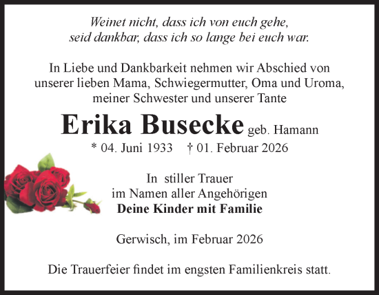Traueranzeige von Erika Busecke von Volksstimme Burg/Genthin